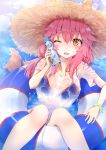  1girl absurdres animal_ears bikini blue_bikini blush bottle breasts cleavage collarbone fang fate/extra fate/grand_order fate_(series) fox_ears fox_tail hat highres large_breasts long_hair looking_at_viewer minikon ocean one_eye_closed open_mouth outdoors pink_hair see-through solo swimsuit tail tamamo_(fate)_(all) tamamo_no_mae_(swimsuit_lancer)_(fate) water water_bottle wet wet_clothes yellow_eyes 