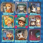  6+girls :o :| animal_ears arcade_cabinet black_hair blonde_hair bow bowtie brown_eyes card card_game character_name chibi closed_mouth commentary_request common_raccoon_(kemono_friends) english expressionless ezo_red_fox_(kemono_friends) fennec_(kemono_friends) fox_ears gloves grey_hair grey_wolf_(kemono_friends) holding holding_card jacket japanese_crested_ibis_(kemono_friends) japari_symbol kaban_(kemono_friends) kemono_friends long_hair long_sleeves looking_at_another looking_at_viewer low_ponytail multicolored_hair multiple_girls northern_white-faced_owl_(kemono_friends) open_mouth orange_hair parody peeking_out playing_games raccoon_ears ramune_(ramunepod) reticulated_giraffe_(kemono_friends) rockman serval_(kemono_friends) shoebill_(kemono_friends) short_hair side_ponytail silver_fox_(kemono_friends) smile staring translation_request tsuchinoko_(kemono_friends) user_interface white_hair 