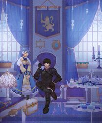  1boy 1girl armor berkut_(fire_emblem) blue_hair bouquet cake cape cup dress fire_emblem fire_emblem_echoes:_mou_hitori_no_eiyuuou fire_emblem_gaiden flower food gloves hand_holding heraldry indoors lijupy linea_(fire_emblem) sitting smile teacup teapot 