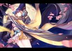  1girl artist_name black_hair breasts cherry_blossoms dated full_moon highres holding holding_sword holding_weapon kan_(rainconan) large_breasts long_hair looking_at_viewer moon night onmyoji orange_eyes sky solo star_(sky) starry_sky sword weapon yaodao_ji 
