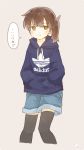  1girl alternate_costume artist_name black_legwear blush brown_eyes brown_hair closed_mouth cowboy_shot eyebrows_visible_through_hair hands_in_pockets hood hooded_sweater hoodie ina_(1813576) kaga_(kantai_collection) kantai_collection long_hair long_sleeves shorts side_ponytail simple_background solo speech_bubble sweater thigh-highs translated 