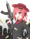  &gt;:d 1girl :d absurdres bat_hair_ornament blush eyebrows_visible_through_hair fang gabriel_dropout gun hair_ornament hand_on_hip hat highres holding holding_gun holding_weapon ikazu401 kurumizawa_satanichia_mcdowell looking_away open_mouth red_hat redhead short_hair smile solo violet_eyes weapon 