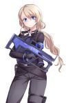  1girl armband black_gloves blonde_hair blue_eyes bullpup commentary_request formal gloves grey_pants gun hair_between_eyes hair_ribbon highres long_sleeves low_ponytail original pants ribbon rifle solo suit weapon white_background 