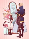  2boys armor blonde_hair boots cape clapping dress drill_hair embarrassed endy father_and_son fire_emblem fire_emblem_if foleo_(fire_emblem_if) gloves hat leon_(fire_emblem_if) mirror mirror_image multiple_boys smile 