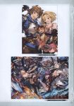  1boy 3girls absurdres animal_ears armor barefoot bell black_legwear blonde_hair breasts brown_eyes brown_hair cleavage collarbone djeeta_(granblue_fantasy) dress erun_(granblue_fantasy) fan fire flower folding_fan frills gauntlets gran_(granblue_fantasy) granblue_fantasy hair_flower hair_ornament hairband highres holding holding_fan holding_sword holding_weapon jingle_bell long_hair looking_at_viewer looking_back minaba_hideo multiple_girls official_art open_mouth pink_dress red_eyes scan short_hair sideboob simple_background smile socie_(granblue_fantasy) sword thigh-highs vee_(granblue_fantasy) weapon wide_sleeves yuel_(granblue_fantasy) zettai_ryouiki 