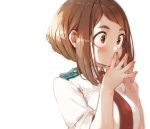  1girl blush boku_no_hero_academia breasts brown_eyes brown_hair hakura_kusa hands_together large_breasts looking_to_the_side necktie red_necktie school_uniform short_hair short_hair_with_long_locks sidelocks solo uraraka_ochako white_background 