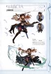  1girl absurdres bare_shoulders blue_eyes boots braid breasts brown_hair character_name chibi feathers frills full_body granblue_fantasy hat highres holding holding_sword holding_weapon lecia_(granblue_fantasy) medium_breasts midriff minaba_hideo navel official_art one_eye_closed one_leg_raised open_mouth pantyhose pleated_skirt scan sheath simple_background single_braid skirt sleeveless sword thigh-highs thigh_boots torn_clothes torn_pantyhose weapon wide_sleeves 
