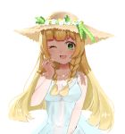  1girl ;d azetsuraito bangs bare_shoulders blonde_hair blue_dress blunt_bangs blush braid breasts cleavage collarbone commentary_request dress eyebrows_visible_through_hair flower green_eyes hat hat_flower highres leaf lillie_(pokemon) long_hair looking_at_viewer medium_breasts one_eye_closed open_mouth pokemon pokemon_(game) pokemon_sm sidelocks simple_background sleeveless sleeveless_dress smile solo straw_hat twin_braids upper_body white_background 