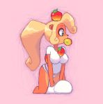  1girl all_fours animated animated_gif ass blonde_hair breasts coco_bandicoot commentary crash_bandicoot flower hair_flower hair_ornament kempferzero lowres midriff mouth_hold navel panties pillow ponytail shirt solo spinning t-shirt underwear white_panties 