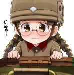  1girl black_hair blush braid brown_eyes brown_jacket closed_mouth emblem face fukuda_(girls_und_panzer) girls_und_panzer glasses helmet highres long_hair long_sleeves looking_at_viewer military military_uniform okitsugu peeking_out round_glasses simple_background solo tank_cupola tearing_up twin_braids twintails uniform wavy_mouth white_background 