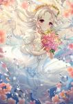  1girl blush bouquet bow bubble eyebrows_visible_through_hair floating_hair flower highres holding holding_bouquet holding_flower long_hair looking_at_viewer original red_eyes signature snow_is solo white_bow white_hair 