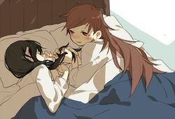  2girls bed black_hair blanket blush brown_eyes brown_hair d.y.x. kantai_collection kitakami_(kantai_collection) long_hair looking_at_another lying multiple_girls ooi_(kantai_collection) pillow playing_with_another&#039;s_hair sleeping yuri 