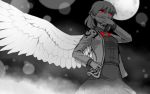  1girl covering_mouth feathered_wings full_moon hand_on_hip hand_over_own_mouth jacket kishin_sagume meitei monochrome moon neck_ribbon red_eyes ribbon short_hair single_wing skirt solo spot_color touhou wings 