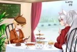 2girls animal_ears blonde_hair book bow braid cake cat_ears chair cup dungeon_and_fighter food holding holding_book holding_pen long_hair menu_board multiple_girls open_book orange_eyes pie plate pointy_ears ponytail red_bow red_eyes shaojiang silver_hair sitting table teacup window 