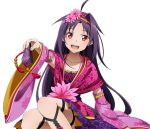  1girl :d ahoge closed_fan collarbone fan flower folding_fan hair_flower hair_ornament holding holding_fan long_hair looking_at_viewer open_mouth pink_flower pointy_ears purple_hair red_eyes sitting smile solo sword_art_online thigh_strap transparent_background very_long_hair yuuki_(sao) 