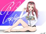  1girl :d blush breasts brown_eyes bukkuri character_name girls_und_panzer legs long_hair medium_breasts open_mouth pink_hair rosehip smile solo sunglasses sunglasses_on_head thighs zipper zipper_pull_tab 
