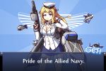 1girl aircraft airplane blonde_hair blue_eyes breasts cleavage command_and_conquer command_and_conquer:_red_alert_2 english fighter_jet garter_straps hat jet kantai_collection langbazi large_breasts long_hair mecha_musume military military_uniform military_vehicle personification solo thigh-highs uniform