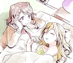  2girls bang_dream! bed bed_sheet blonde_hair brown_hair closed_eyes hair_ornament heart highres ichigaya_arisa kitamura_touru messy_hair multiple_girls open_mouth school_uniform sleeping smile star toyama_kasumi violet_eyes watching 