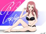  1girl :d blush breasts brown_eyes bukkuri character_name cleavage girls_und_panzer legs long_hair medium_breasts navel open_mouth pink_hair rosehip smile solo thighs 