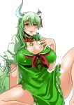  1girl asymmetrical_horns bangs barefoot bell bell_collar blush breasts cleavage collar colored_eyelashes dress drooling ex-keine eyebrows_visible_through_hair green_hair green_shirt hand_on_own_chest heavy_breathing heiseikorotaisei horn_ribbon horns kamishirasawa_keine large_breasts long_hair looking_at_viewer multicolored_hair naughty_face nose_blush red_eyes ribbon shirt simple_background sitting solo spread_legs steam sweat tail thighs torn_clothes torn_dress torn_sleeves touhou two-tone_hair very_long_hair white_background 