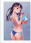  1girl absurdres arched_back ass bangs bikini blue_background blue_bikini bracelet braid breasts brown_eyes brown_hair drinking_straw eating flat_ass from_side gradient gradient_background hair_ornament highres jewelry long_hair looking_at_viewer looking_back mouth_hold murata_renji original page_number scan shaved_ice side-tie_bikini side_braid skindentation small_breasts solo swimsuit 