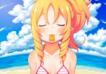  1girl bangs bare_shoulders beach bikini_top biscuit blonde_hair blue_sky blush breasts closed_eyes clouds cloudy_sky collarbone day drill_hair eromanga_sensei eyebrows_visible_through_hair food food_in_mouth hair_between_eyes horizon incoming_food kbisuco long_hair ocean outdoors parted_bangs pink_bikini_top pointy_ears ponytail shiny shiny_hair shiny_skin sky small_breasts solo striped_bikini_top swimsuit twin_drills upper_body yamada_elf |3 