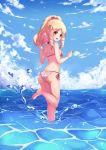  1girl absurdres ass bikini blonde_hair bow brown_eyes chahei clouds day drill_hair eromanga_sensei from_behind hair_bow highres long_hair looking_at_viewer looking_back outdoors pink_bow pointy_ears side-tie_bikini sky solo striped striped_bikini swimsuit twin_drills wading water white_bikini yamada_elf 