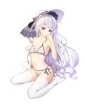  1girl absurdres asa_ni_haru bilan_hangxian blue_eyes character_request eyebrows_visible_through_hair hat highres long_hair looking_at_viewer mole mole_under_eye navel seiza silver_hair sitting solo spaghetti_strap thigh-highs white_hat white_legwear 