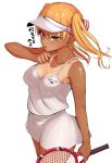  1girl adjusting_strap blonde_hair blush breasts cleavage ishizaka_ryuudai looking_at_viewer medium_breasts orange_eyes original racket short_twintails solo sportswear sweat tan tanline tennis tennis_racket tennis_uniform translated twintails white_background 