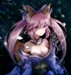  1girl animal_ears breasts cleavage collarbone detached_sleeves fate/extra fate/grand_order fate_(series) fox_ears fox_tail hair_ribbon highres japanese_clothes kleinlight large_breasts looking_afar pink_hair red_eyes ribbon solo tail tamamo_(fate)_(all) tamamo_no_mae_(fate) 