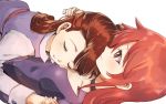  2girls blush breast_smother breasts brown_hair closed_eyes girl_on_top half-closed_eyes hand_holding hand_in_hair happy kagari_atsuko little_witch_academia long_hair lying multiple_girls niina_ryou on_back red_eyes redhead school_uniform shiny_chariot smile tears yuri 