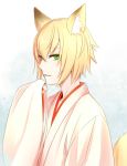  1boy animal_ears blazblue blonde_hair fox_ears fox_tail green_eyes japanese_clothes kisaragi_jin looking_at_viewer potato_(oriha94) simple_background smile solo tail 