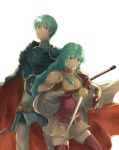  1boy 1girl armor breastplate brother_and_sister cape eirika ephraim fingerless_gloves fire_emblem fire_emblem:_seima_no_kouseki gloves green_hair highres holding holding_sword holding_weapon jabeko looking_at_viewer pauldrons polearm siblings simple_background smile spear sword weapon white_background 