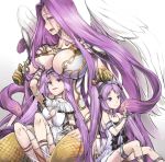  3girls bare_shoulders blush breasts bustier choker claws cleavage_cutout dress euryale fate/grand_order fate/hollow_ataraxia fate_(series) gorgon_(fate) hairband headdress hijiri jewelry large_breasts lolita_hairband long_hair monster_girl multiple_girls navel open_mouth purple_hair rider scales siblings sisters slit_pupils smile snake square_pupils stheno twins twintails very_long_hair violet_eyes white_dress wings 