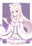  blush breasts cleavage detached_sleeves emilia_(re:zero) eyebrows_visible_through_hair hair_ribbon highres kan_(rainconan) large_breasts long_hair long_sleeves looking_at_viewer purple_ribbon re:zero_kara_hajimeru_isekai_seikatsu ribbon skirt smile violet_eyes white_hair white_skirt 