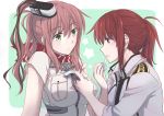  2girls absurdres adjusting_clothes anchor breast_pocket brown_eyes brown_hair commentary female_admiral_(kantai_collection) green_eyes headgear highres holding kantai_collection long_hair military military_uniform mouth_hold multiple_girls naval_uniform pin.s pocket redhead saratoga_(kantai_collection) scarf tape uniform 