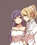  2girls ayase_eli blonde_hair blue_eyes blush brown_background dress eye_contact ghost_(ghost528) green_eyes jewelry long_hair looking_at_another love_live! love_live!_school_idol_project multiple_girls purple_hair ring short_ponytail sketch smile strapless strapless_dress toujou_nozomi wedding_band wedding_dress wife_and_wife yuri 