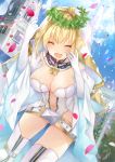  1girl belt blonde_hair breasts bridal_veil cleavage closed_eyes crying elbow_gloves fate/grand_order fate_(series) gloves head_wreath large_breasts natsuki_(ukiwakudasai) navel petals saber_bride saber_extra short_hair solo tower veil white_gloves 