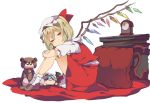  1girl blonde_hair blush bobby_socks bow character_doll clock crystal flandre_scarlet from_side full_body hair_between_eyes hasebe_yuusaku hat hat_bow leg_hug loafers looking_at_viewer looking_to_the_side mob_cap pillow red_bow red_eyes red_skirt red_vest remilia_scarlet shirt shoes side_ponytail sitting skirt skirt_set smile socks solo stuffed_animal stuffed_toy teddy_bear touhou vest white_legwear white_shirt wings 