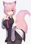  animal_ears black_dress black_legwear breasts dress fang fate/grand_order fate_(series) fox_ears fox_tail hair_over_one_eye hand_on_own_chest jacket kemonomimi_mode large_breasts lavender_hair muryou necktie pantyhose shielder_(fate/grand_order) short_hair smile tail violet_eyes 