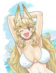  1girl animal_ears armpits arms_behind_head bikini blonde_hair blush breasts character_request chikuwa_(tks) choker copyright_request eyebrows_visible_through_hair fang large_breasts long_hair looking_at_viewer navel ocean one_eye_closed open_mouth smile solo swimsuit white_bikini yellow_eyes 