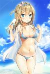  1girl bare_shoulders bikini blue_bikini blue_eyes blue_sky breasts brown_hair cleavage clouds cloudy_sky commentary_request day eyebrows_visible_through_hair food girls_frontline hair_ornament hairband halter_top halterneck ice_cream kurut legs_together long_hair looking_at_viewer medium_breasts navel outdoors revision sky solo standing stomach string_bikini suomi_kp31_(girls_frontline) swimsuit 