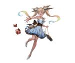  1girl bag bangs bare_shoulders blonde_hair blue_eyes bracelet dice dress flower full_body gradient_hair granblue_fantasy green_hair hair_flower hair_ornament handbag high_heels holding io_euclase jewelry long_hair looking_at_viewer minaba_hideo multicolored_hair necklace official_art open_mouth short_dress sleeveless smile solo transparent_background twintails 