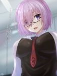  1girl :d between_breasts blurry blurry_background bodysuit breasts eyebrows_visible_through_hair eyes_visible_through_hair fate_(series) from_below glasses hair_over_one_eye highres impossible_clothes indoors large_breasts looking_at_viewer looking_down necktie necktie_between_breasts open_clothes open_mouth open_shirt purple_hair ramchi red_necktie shielder_(fate/grand_order) shirt short_hair signature smile solo translated upper_body violet_eyes white_shirt 