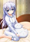  1girl bed bedroom black_ribbon blue_eyes collarbone eyebrows_visible_through_hair gochuumon_wa_usagi_desu_ka? hair_between_eyes hair_ribbon indoors kafuu_chino kurotuki_nn long_hair looking_at_viewer parted_lips pillow ribbon silver_hair sitting tippy_(gochiusa) very_long_hair white_pajamas 