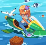  1girl animal apple bird blonde_hair bomb box breasts coco_bandicoot commentary crash_bandicoot flower food fruit hair hair_flower hair_ornament hair_over_one_eye jet_ski kempferzero overalls riding seagull solo water wet wet_clothes wet_hair 