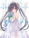  1girl bare_back bare_shoulders black_hair blush bouquet bridal_veil bride dokidoki_sister_aoi-chan dress flower from_behind gloves hair_ornament hairclip kohinata_aoi_(dokidoki_sister_aoi-chan) long_hair looking_back red_eyes smile solo strapless strapless_dress takahashi_tetsuya translation_request twintails veil very_long_hair wedding_dress white_dress 