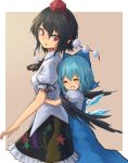  2girls :o black_hair black_ribbon black_wings blue_bow blue_dress blue_hair blush bow breasts cirno closed_eyes collared_shirt commentary_request dress frilled_skirt frills grin hair_bow hat height_difference hug hug_from_behind ice ice_wings looking_back multiple_girls neck_ribbon patterned_clothing pointy_ears pom_pom_(clothes) puffy_sleeves red_hat redhead ribbon roke_(taikodon) shameimaru_aya shirt short_hair short_sleeves simple_background skirt sleeveless sleeveless_dress smile star tan_background tokin_hat touhou white_background white_shirt wing_collar wings 