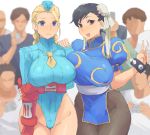  2girls 6+boys black_hair bracelet breasts brown_eyes cammy_white chun-li double_bun faceless faceless_male garrison_cap groin hat jewelry large_breasts light_smile looking_at_viewer minakami_(flyingman555) multiple_boys multiple_girls short_hair smile spiked_bracelet spikes street_fighter v 