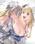  2girls :d bare_shoulders blonde_hair blue_eyes breasts cleavage closed_eyes closed_mouth collarbone crossover fate/apocrypha fate_(series) female flower gauntlets granblue_fantasy hair_flower hair_ornament headwear highres holy_pumpkin jeanne_d&#039;arc_(granblue_fantasy) large_breasts looking_at_another medium_breasts multiple_girls open_mouth ruler_(fate/apocrypha) shingeki_no_bahamut sleeveless smile type-moon yuri 
